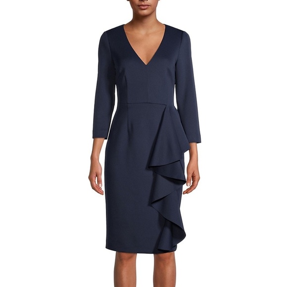 NEW ELIZA J Navy V-NECK Ruffle Side SCUBA Crepe COCKTAIL Sheath DRESS 8 - Picture 2 of 10